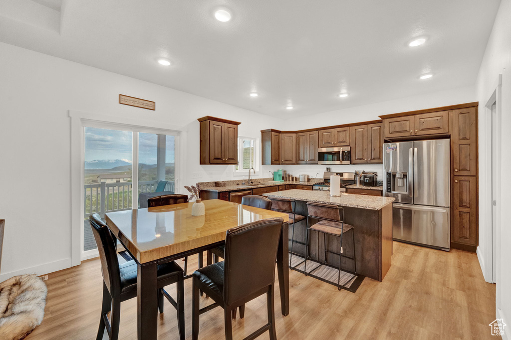 Kitchen featuring appliances with stainless steel finishes, a center island, light hardwood / wood-style floors, and plenty of natural light