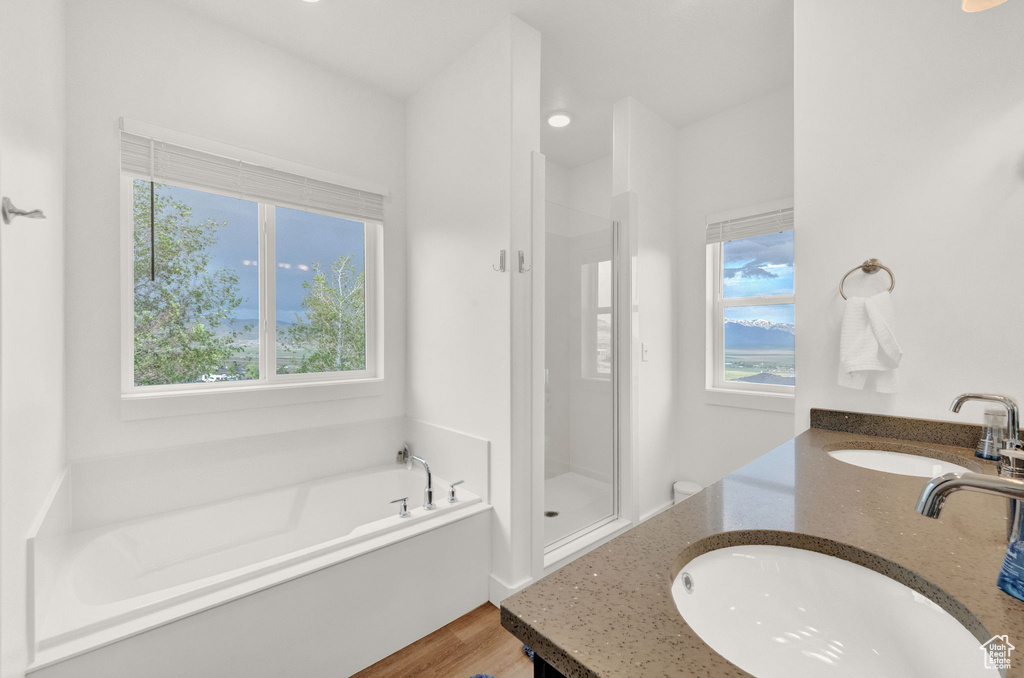 Bathroom featuring dual vanity, wood-type flooring, a wealth of natural light, and independent shower and bath