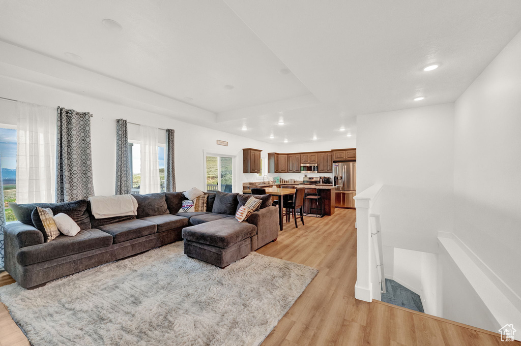 Living room with a tray ceiling and light hardwood / wood-style floors