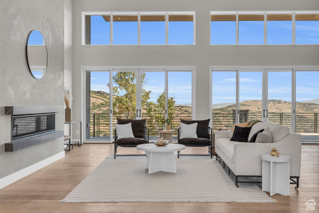 Living room featuring light hardwood / wood-style flooring, a mountain view, and a towering ceiling