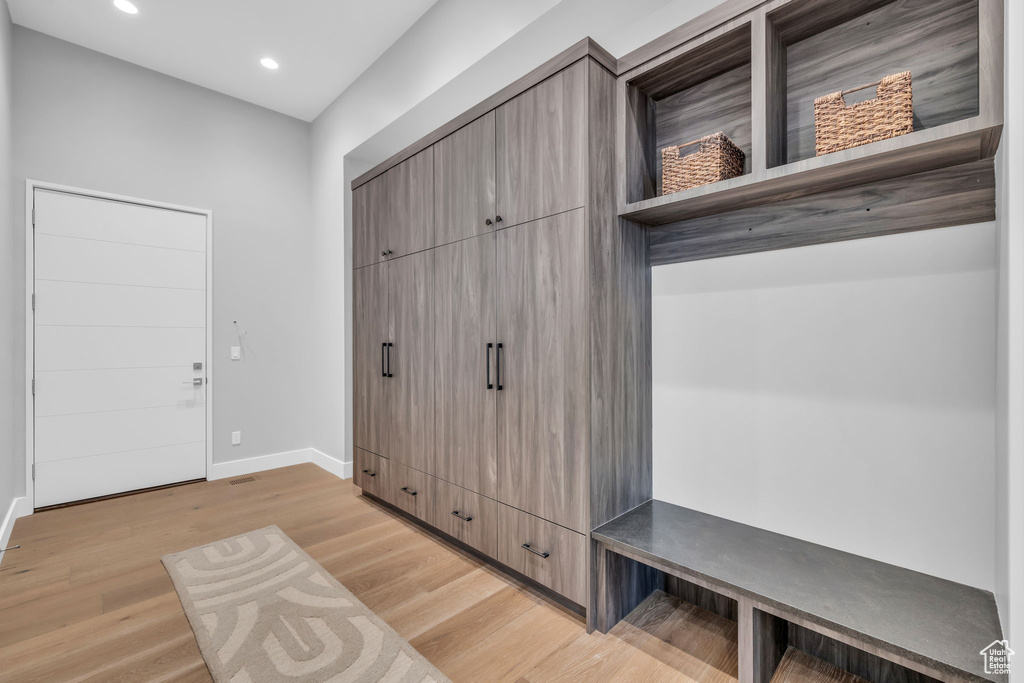 Mudroom featuring light wood-type flooring