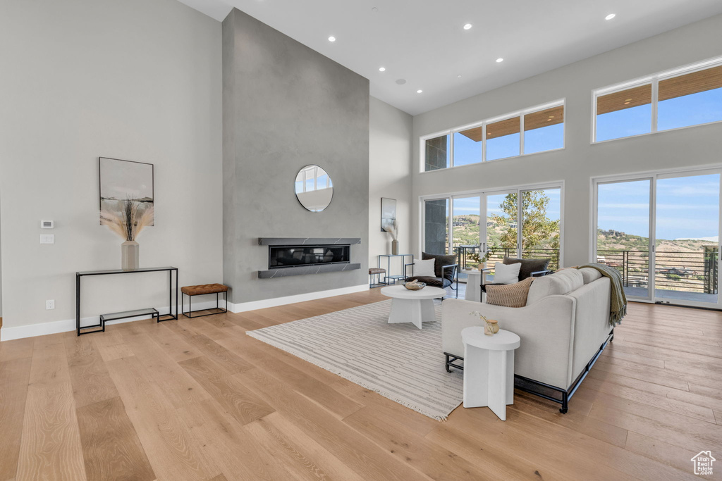 Living room featuring a large fireplace, light hardwood / wood-style flooring, and a high ceiling