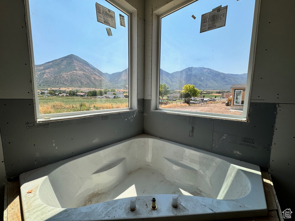 Bathroom featuring a mountain view