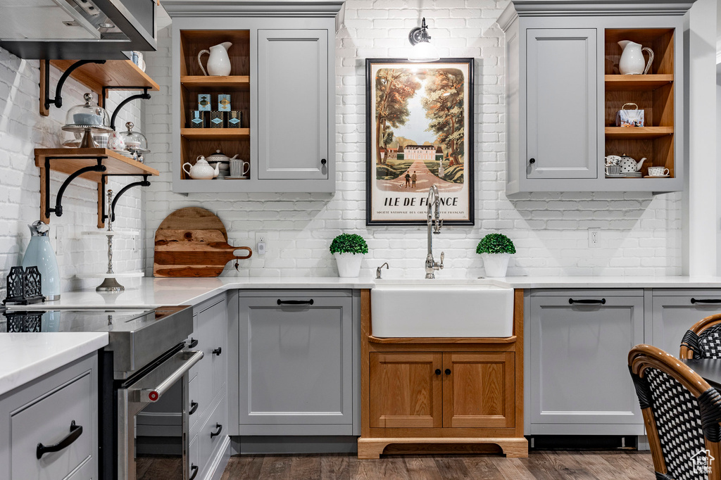 Kitchen featuring dark hardwood / wood-style flooring, sink, tasteful backsplash, and range with electric stovetop