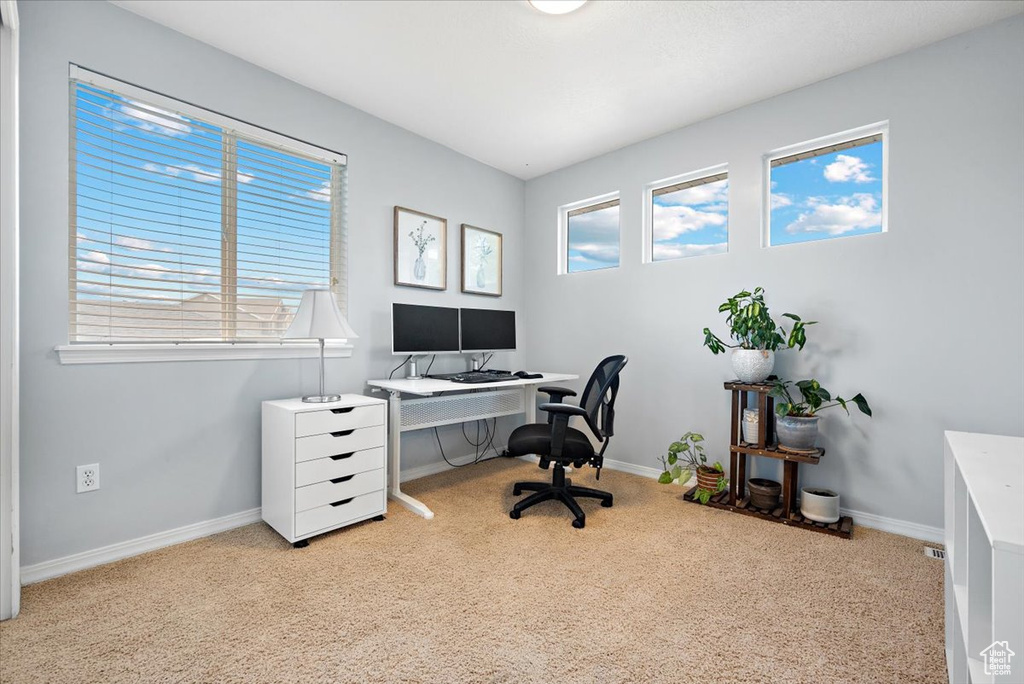 Office area featuring light colored carpet