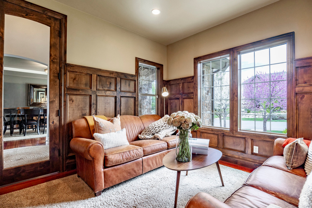 Carpeted living room featuring a healthy amount of sunlight