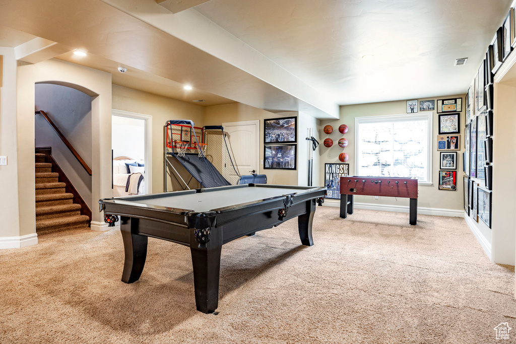 Rec room with billiards and carpet floors