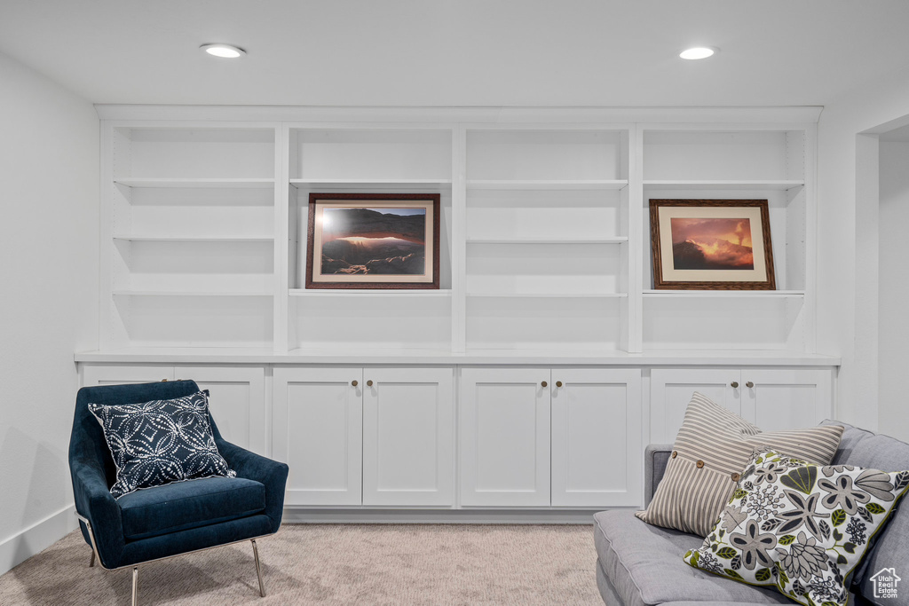 Living area with built in shelves and light carpet