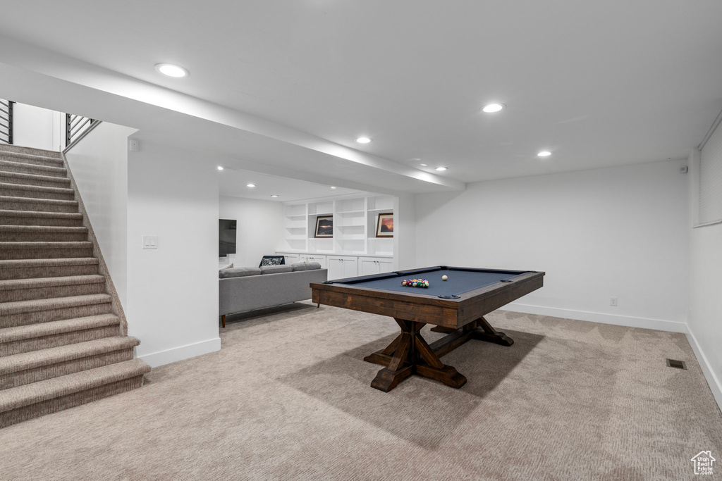 Playroom featuring carpet and pool table