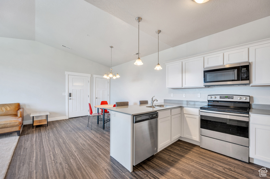 Kitchen featuring kitchen peninsula, stainless steel appliances, dark hardwood / wood-style flooring, sink, and lofted ceiling