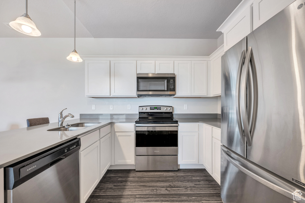 Kitchen with white cabinets, dark hardwood / wood-style flooring, stainless steel appliances, sink, and pendant lighting