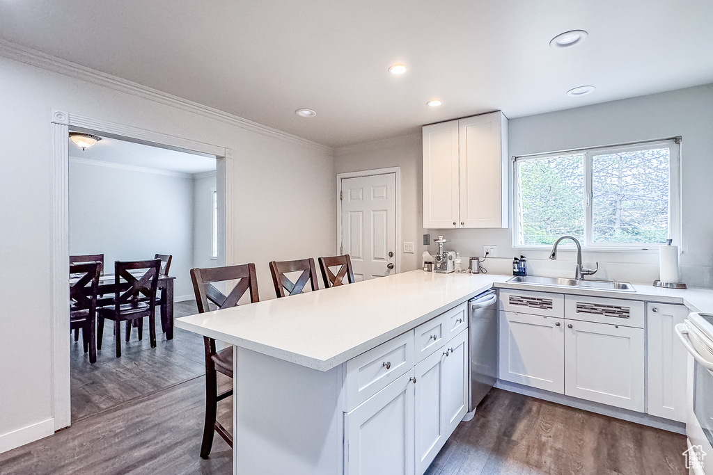 Kitchen featuring kitchen peninsula, white cabinetry, stainless steel dishwasher, dark wood-type flooring, and sink