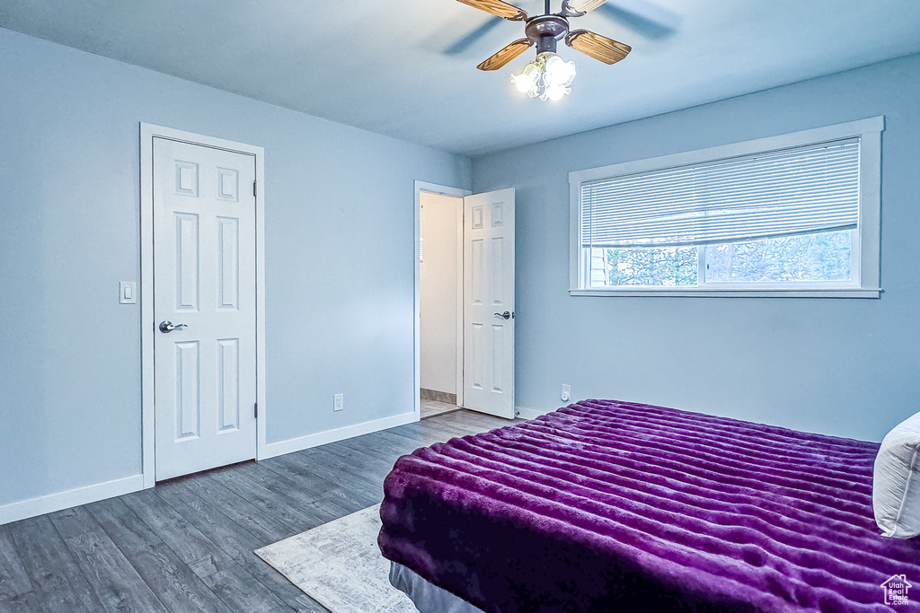 Bedroom featuring dark hardwood / wood-style floors and ceiling fan