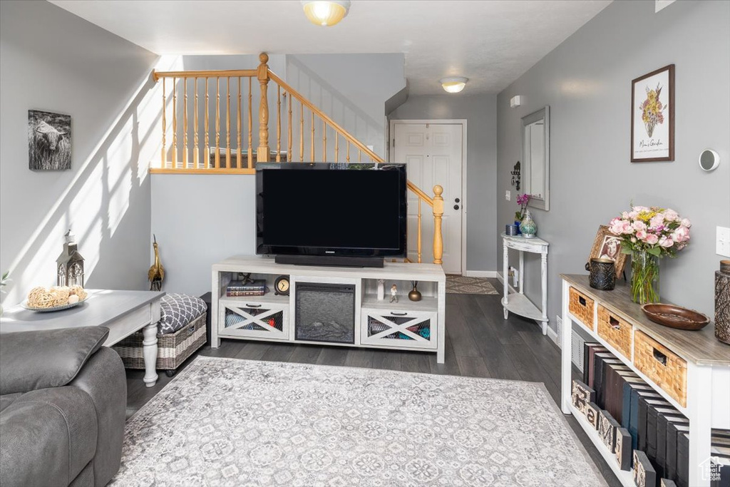 Living room with dark wood-type flooring