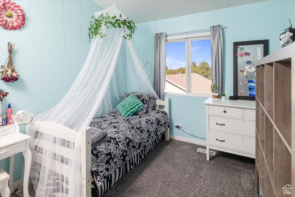 Bedroom with dark colored carpet