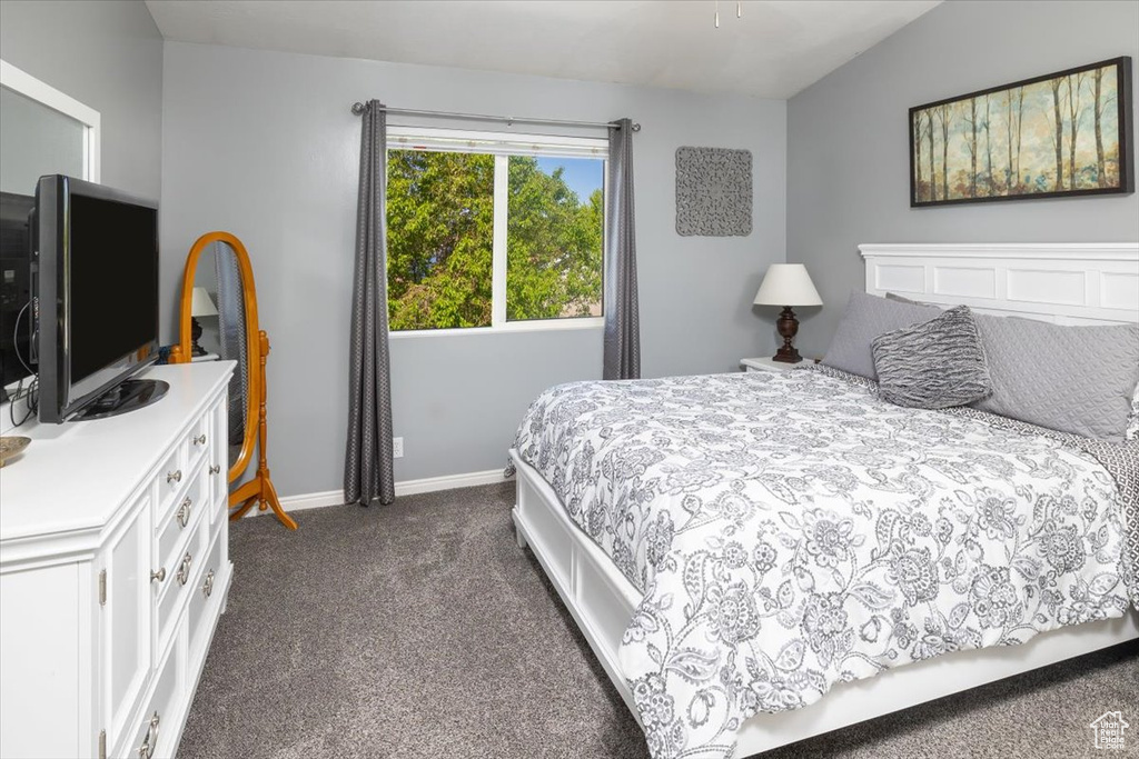 Carpeted bedroom featuring lofted ceiling