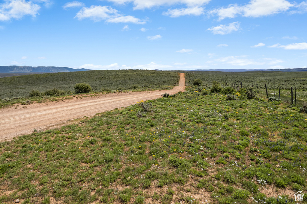 View of dirt / gravel road with a view of rural / pastoral area and a mountain view