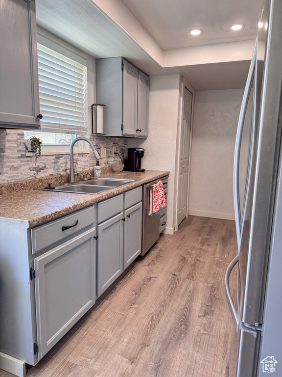 Kitchen featuring light hardwood / wood-style floors, backsplash, gray cabinetry, sink, and appliances with stainless steel finishes