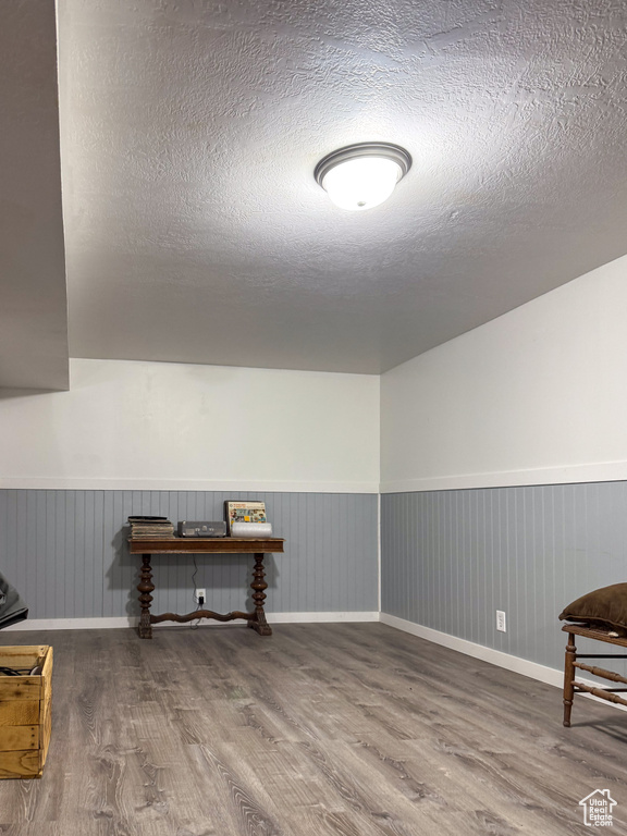 Interior space featuring wood-type flooring and a textured ceiling