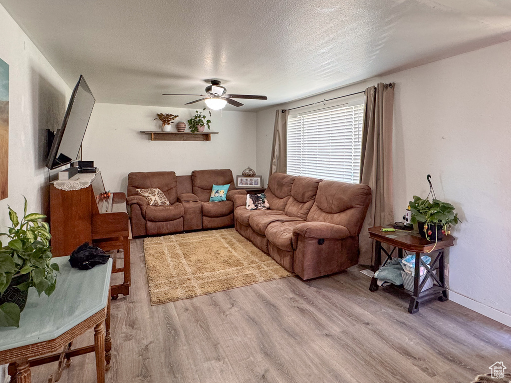 Living room featuring ceiling fan, a textured ceiling, and wood-type flooring