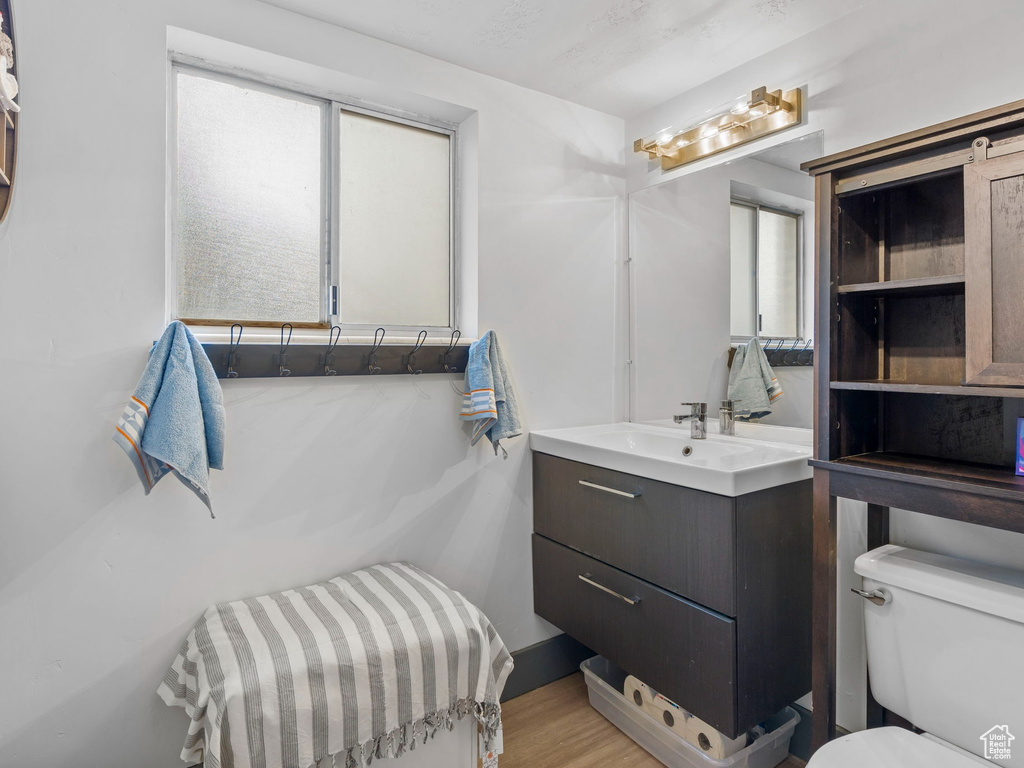 Bathroom featuring vanity with extensive cabinet space, toilet, a wealth of natural light, and hardwood / wood-style flooring