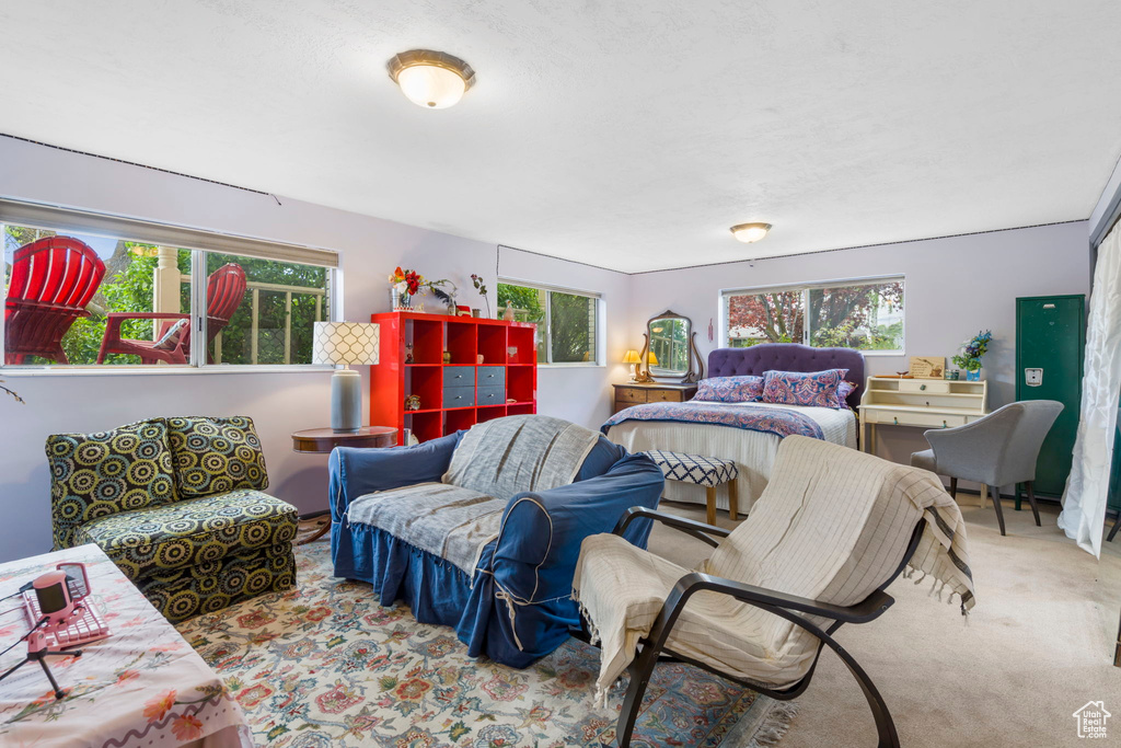 Bedroom with carpet and multiple windows