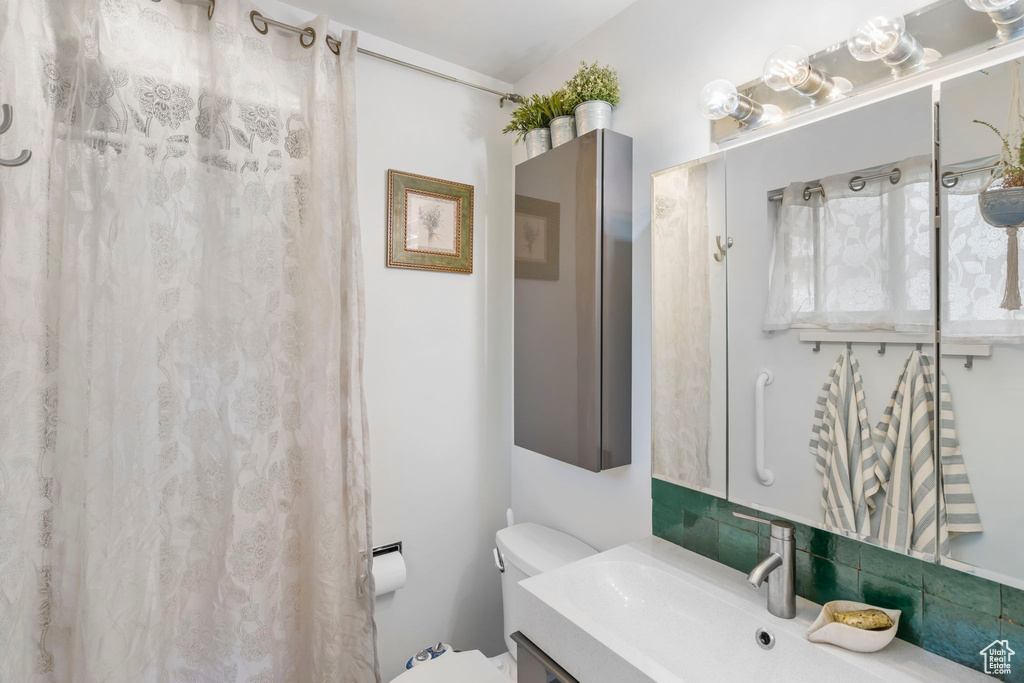 Bathroom featuring large vanity and toilet