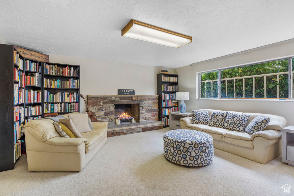 Carpeted living room with a stone fireplace and a textured ceiling