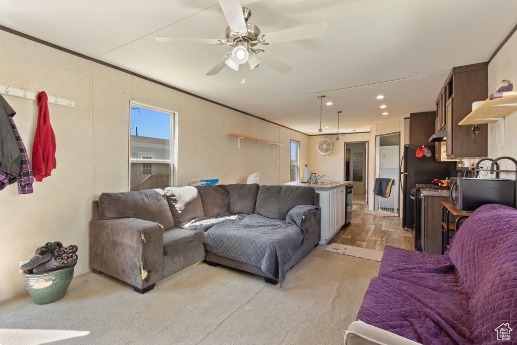 Living room featuring sink, ceiling fan, and light colored carpet