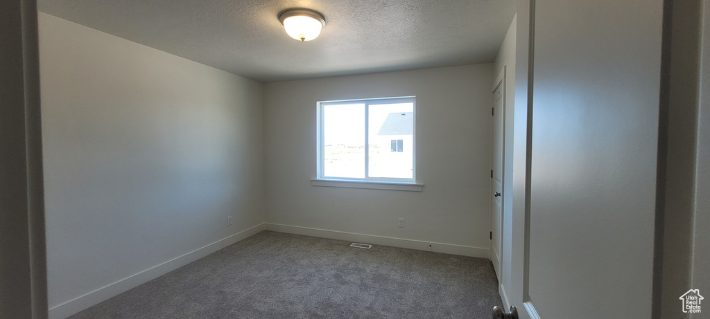 Carpeted empty room featuring a textured ceiling