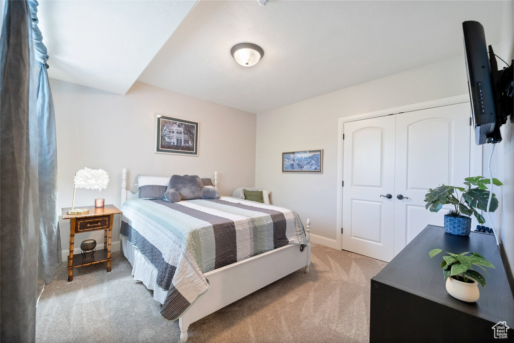 Bedroom with a closet and carpet floors