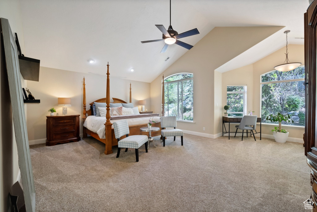 Bedroom featuring high vaulted ceiling, carpet flooring, and ceiling fan