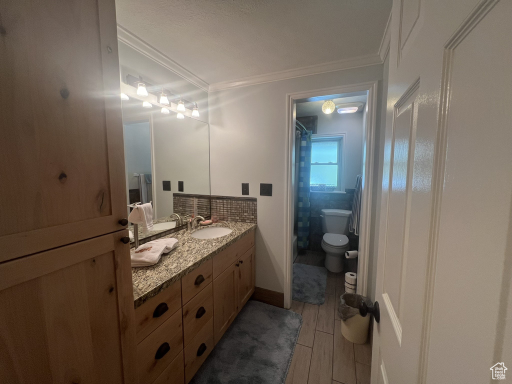 Bathroom with wood-type flooring, vanity, toilet, and crown molding