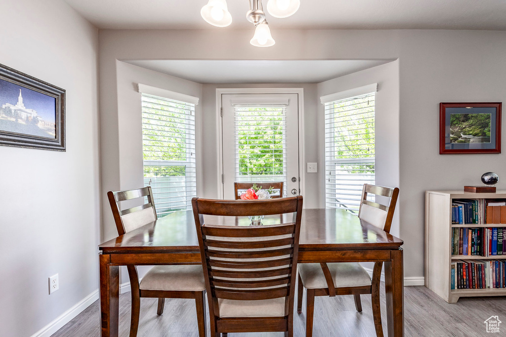 Dining space featuring an inviting chandelier, plenty of natural light, and hardwood / wood-style floors