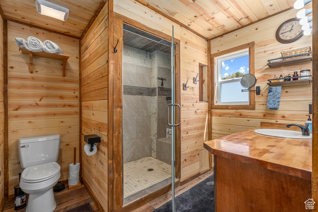 Bathroom with vanity, hardwood / wood-style flooring, toilet, and wooden ceiling