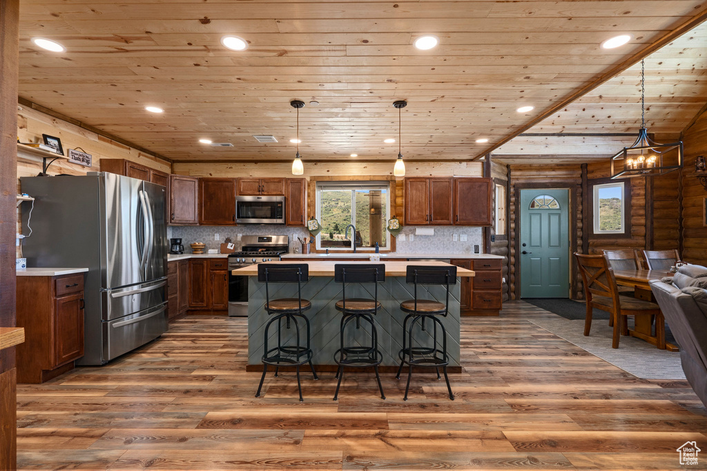 Kitchen with a kitchen island, stainless steel appliances, wooden ceiling, hardwood / wood-style flooring, and decorative light fixtures