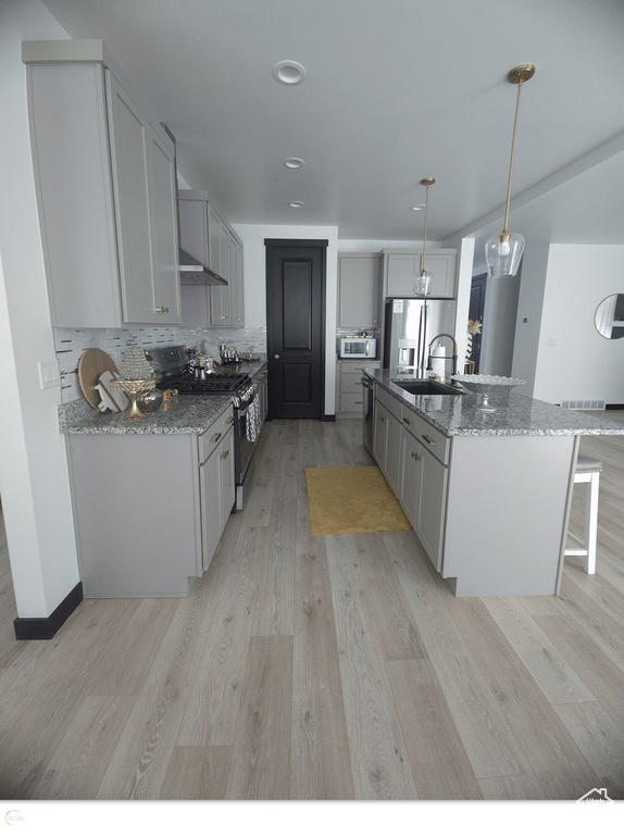 Kitchen featuring stainless steel appliances, light hardwood / wood-style floors, and pendant lighting