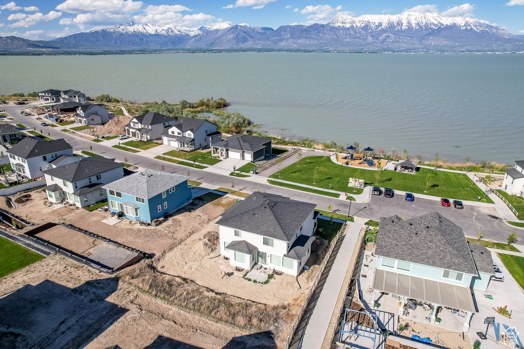 Bird\'s eye view featuring a water and mountain view