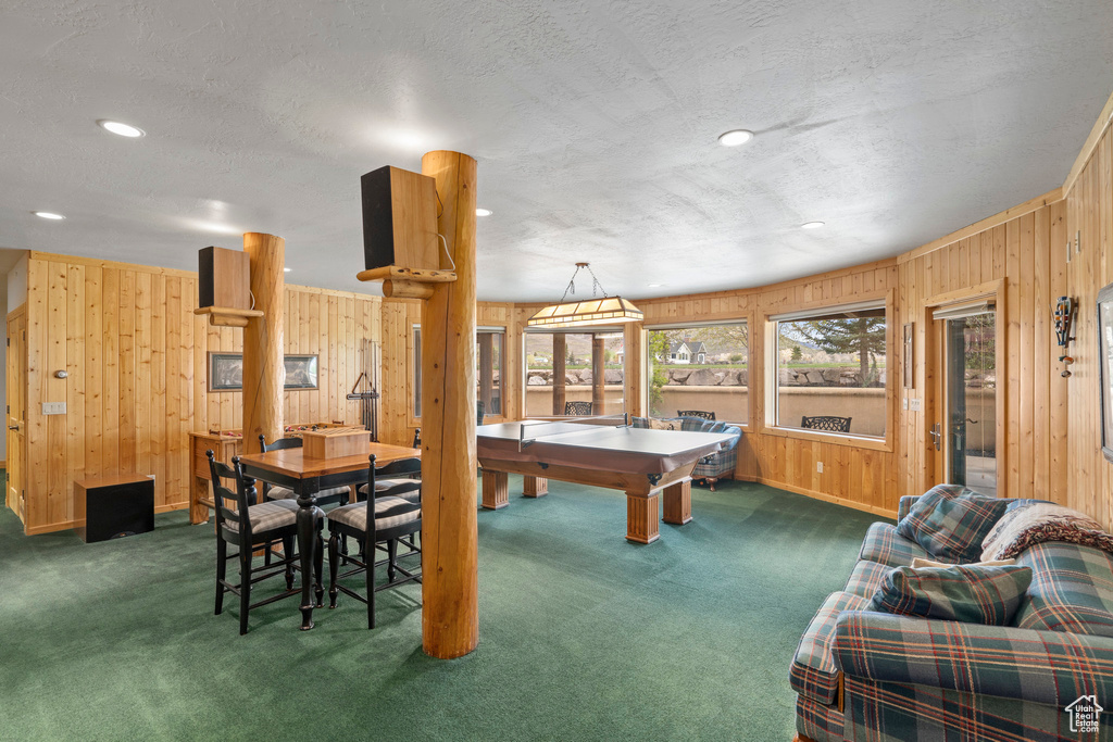 Recreation room with a textured ceiling, wood walls, and dark carpet