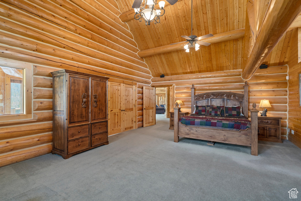 Bedroom with carpet flooring, rustic walls, and wood ceiling