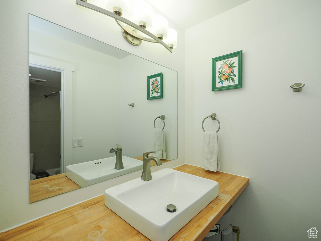 Bathroom with wood-type flooring and vanity with extensive cabinet space