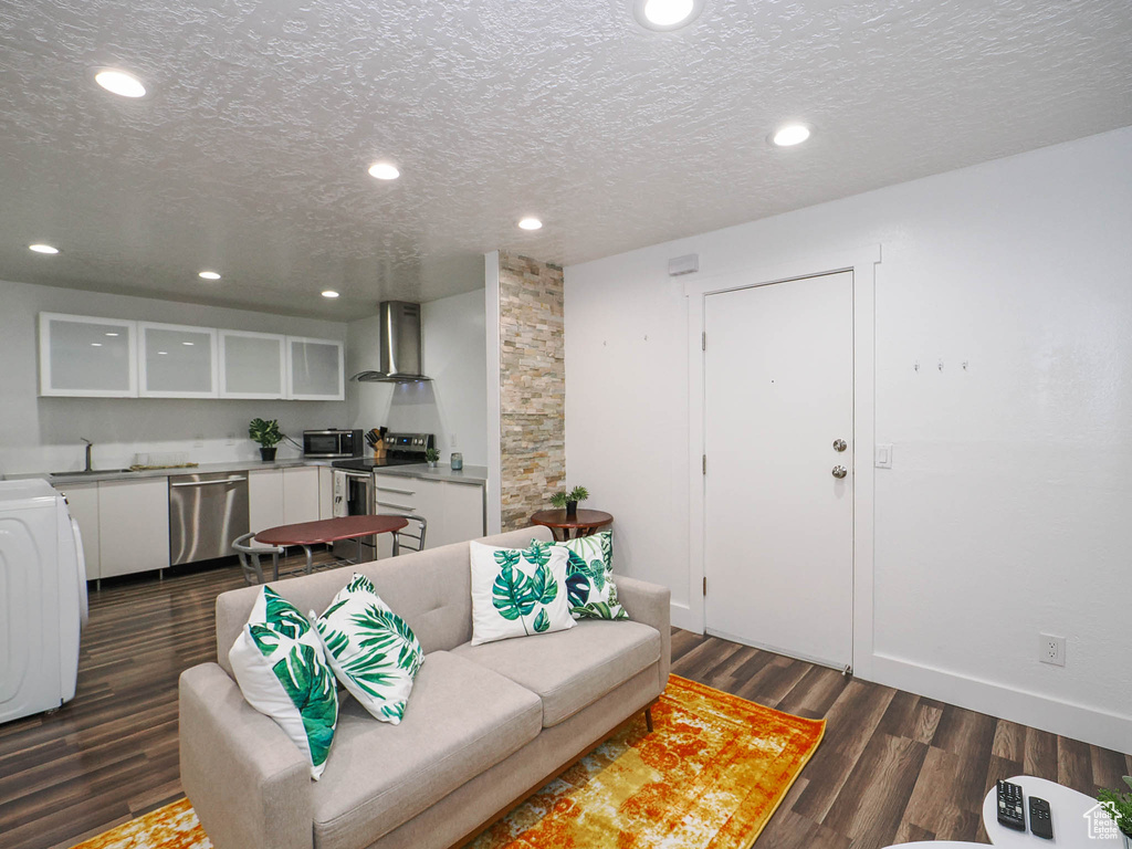 Living room featuring sink, a textured ceiling, dark hardwood / wood-style floors, and washer / dryer