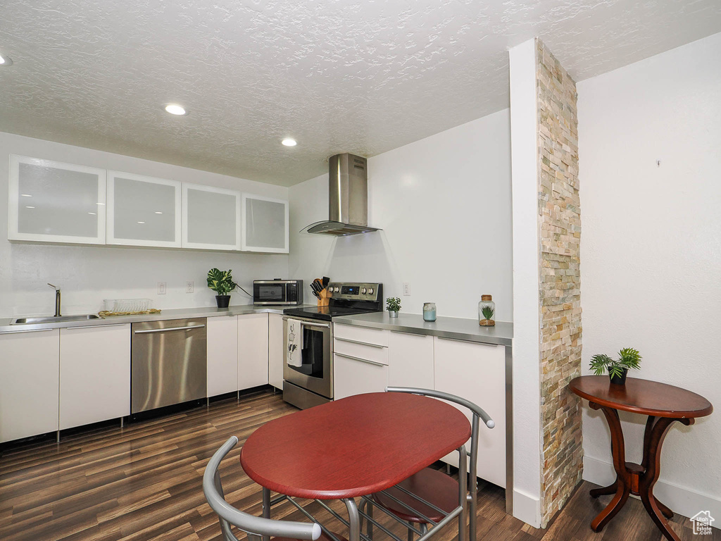 Kitchen featuring wall chimney range hood, dark wood-type flooring, appliances with stainless steel finishes, sink, and a textured ceiling