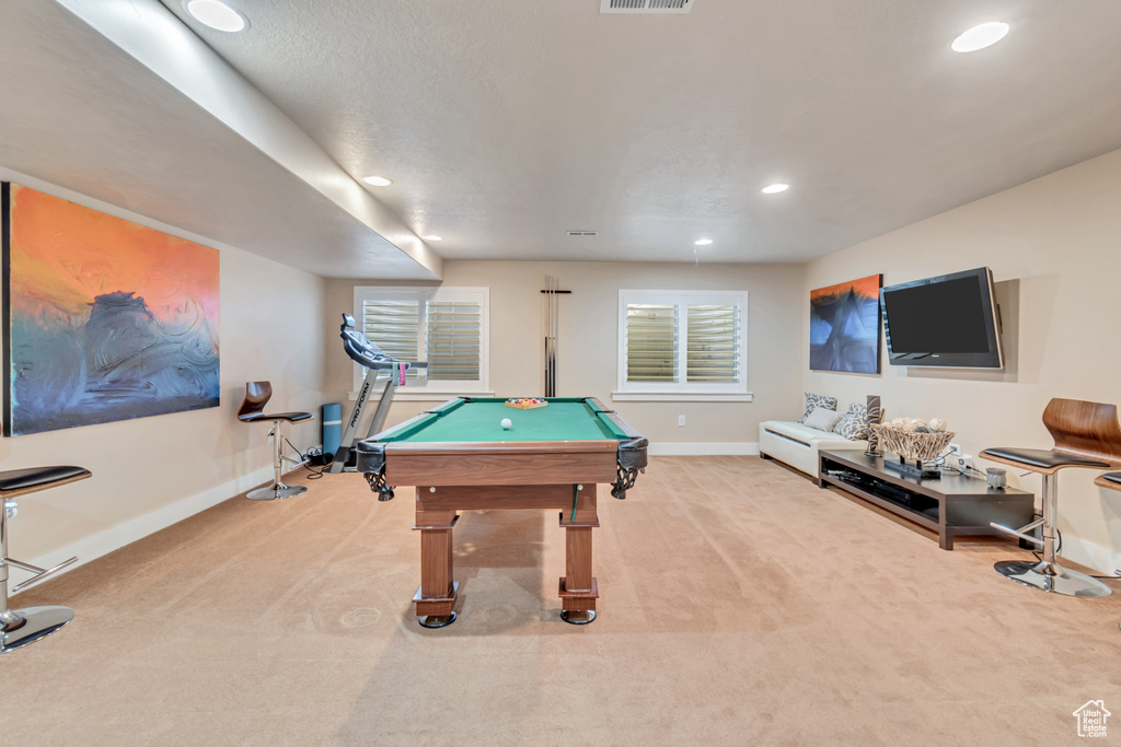 Rec room featuring carpet and pool table