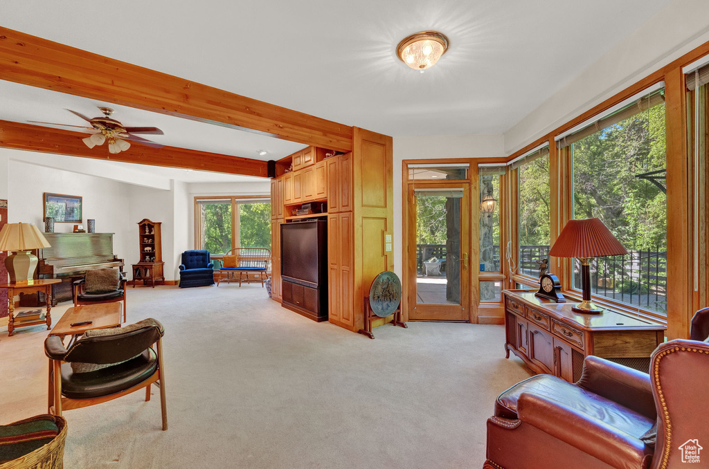 Carpeted living room with beamed ceiling and ceiling fan