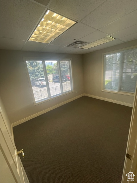 Carpeted empty room with a wealth of natural light and a drop ceiling