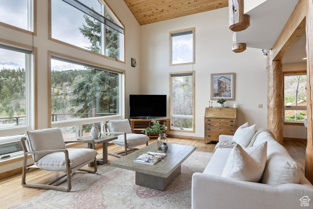 Living room with high vaulted ceiling, hardwood / wood-style flooring, and wooden ceiling