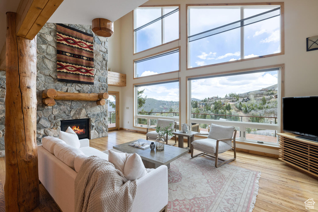 Living room featuring a towering ceiling, light hardwood / wood-style floors, a healthy amount of sunlight, and a fireplace