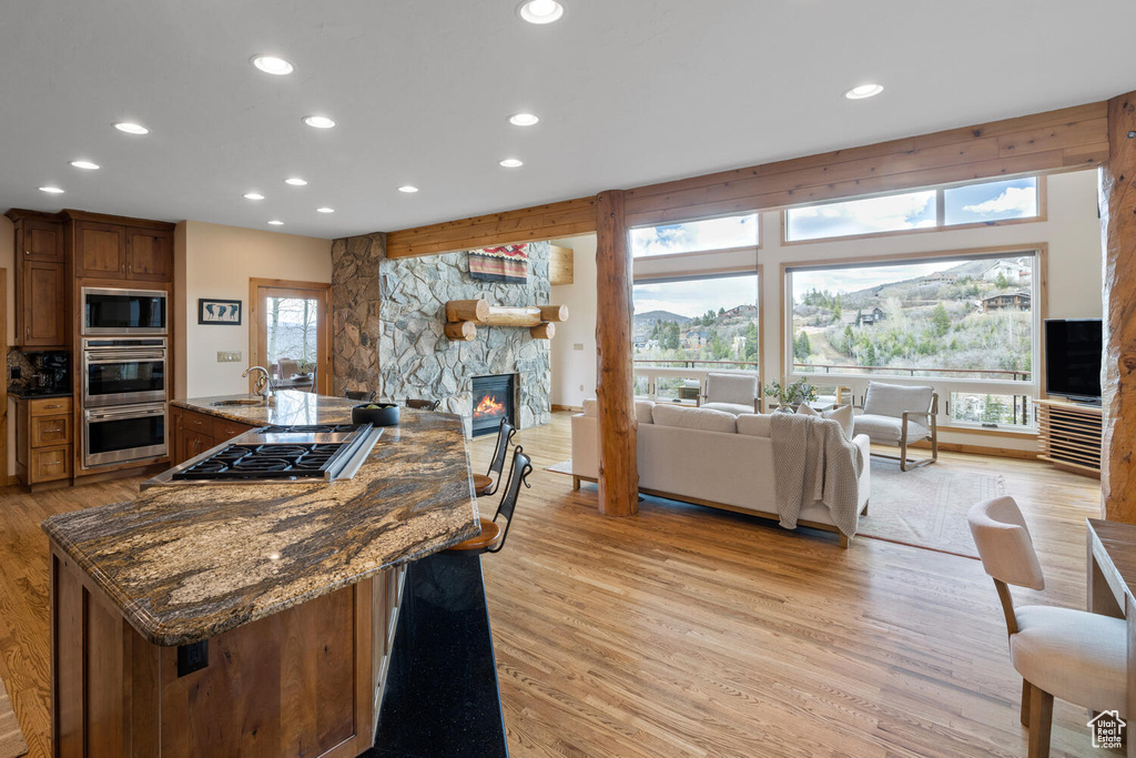 Kitchen featuring light hardwood / wood-style flooring, stainless steel appliances, a center island with sink, a stone fireplace, and dark stone countertops