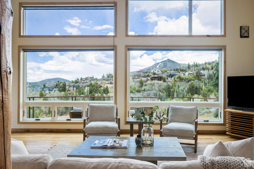 Living room with a mountain view and hardwood / wood-style flooring